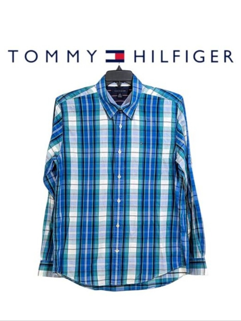 Tommy Hilfiger Plaid Casual Button Down Shirt Size Mens Large - Blue & White